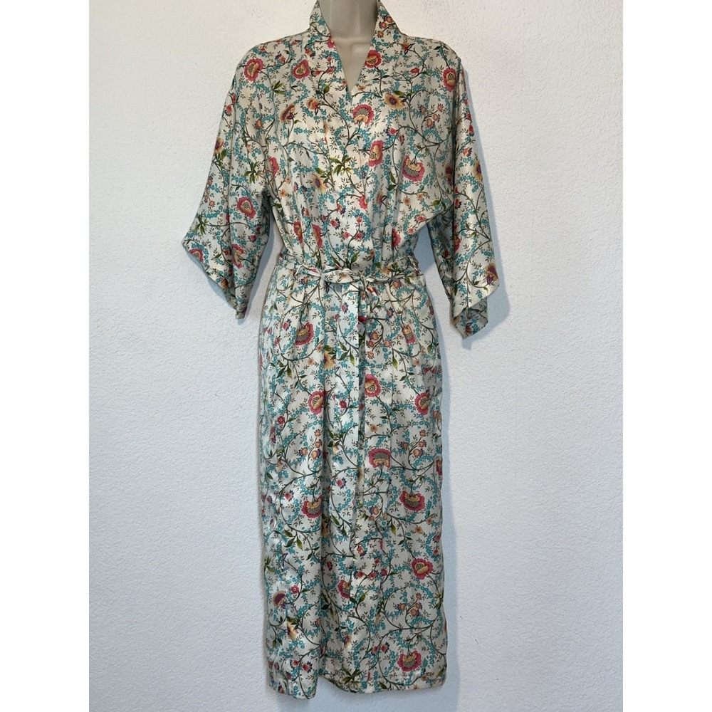 Vtg California Dynasty Womens S Floral Satin‎ Long Robe Tie Pockets Shabby Chic